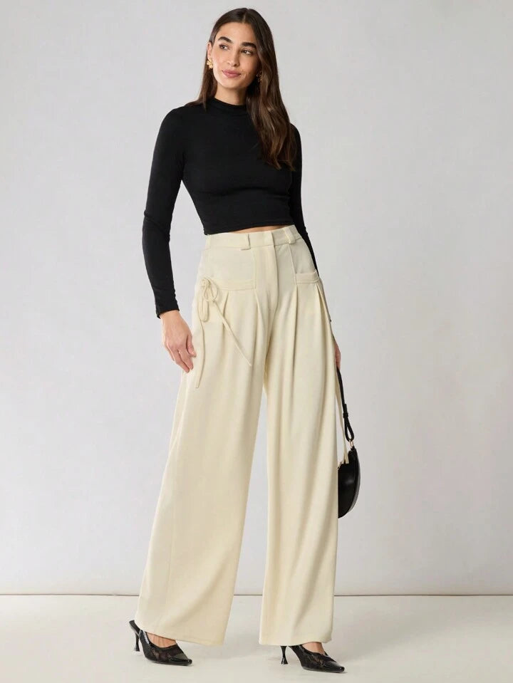 CM-BS518013 Women Casual Seoul Style Solid Color Drawstring Pocket Minimalist Pants - Apricot