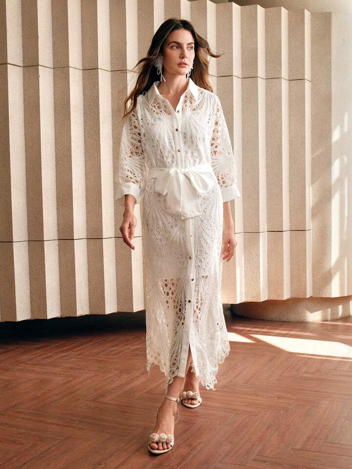 CM-DS168582 Women Elegant Seoul Style Collar Neckline Mid-Sleeve Lace Embroidered Midi Dress - White