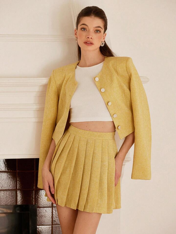 CM-SS876911 Women Elegant Seoul Style Tweed Short Collarless Button Jacket With Pleated Mini Skirt Suit - Yellow