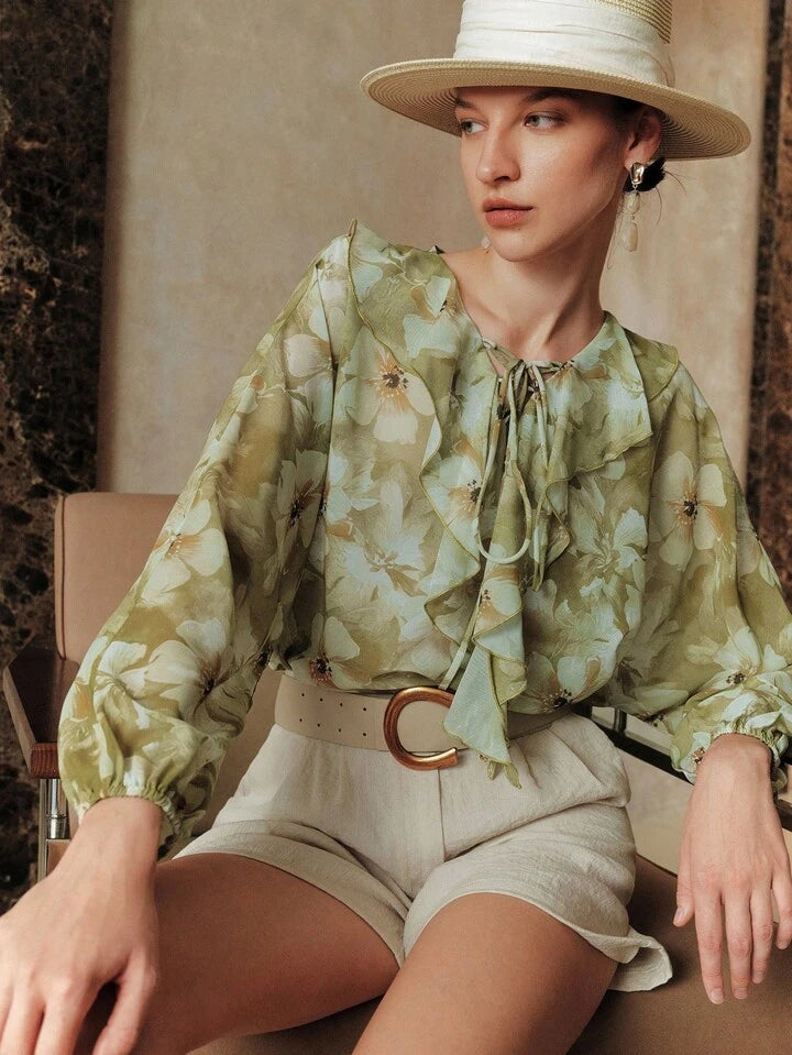 CM-TS843483 Women Casual Seoul Style Floral Print Turquoise Lantern Sleeves Ruffled Decor Tie Neckline Shirt