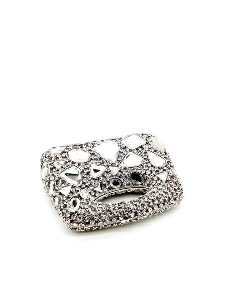 CM-BGS369899 Women Elegant Seoul Style Handmade Glass Rhinestone Clutch Bag - Silver