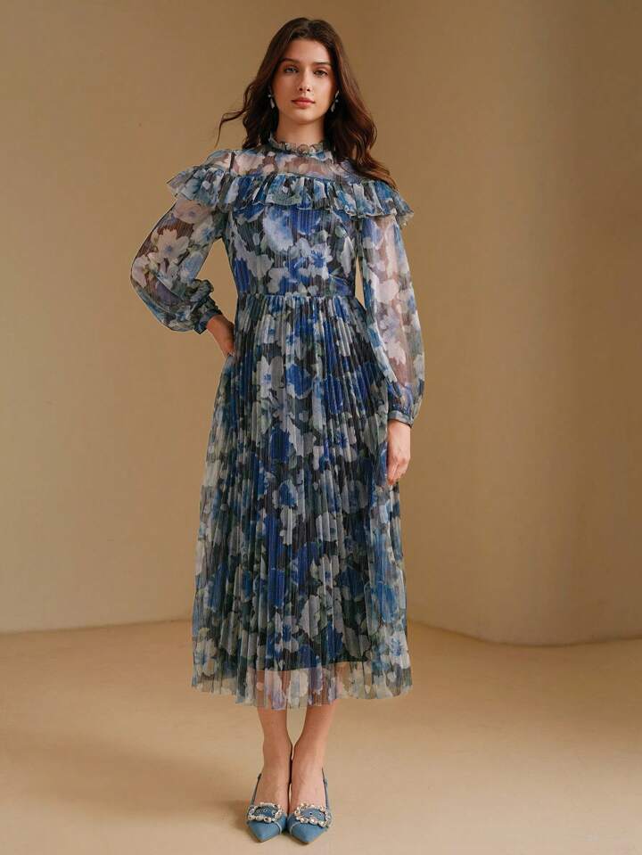 CM-DS839272 Women Elegant Seoul Style Stand Collar Bell Sleeve Ditsy Floral Ruffled Dress - Blue