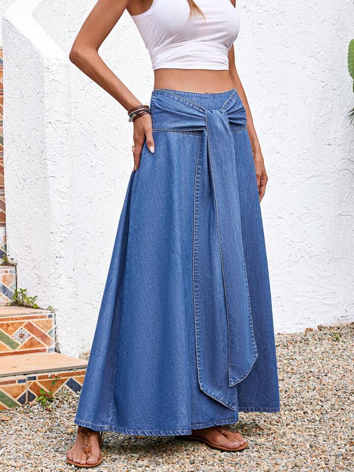 CM-BS618740 Women Trendy Bohemian Style Medium Wash High Waist Knot Maxi Denim Skirt