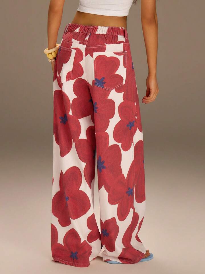 CM-BS033640 Women Casual Seoul Style Floral Print Mid Waist Floral Print Wide Leg Denim Jeans