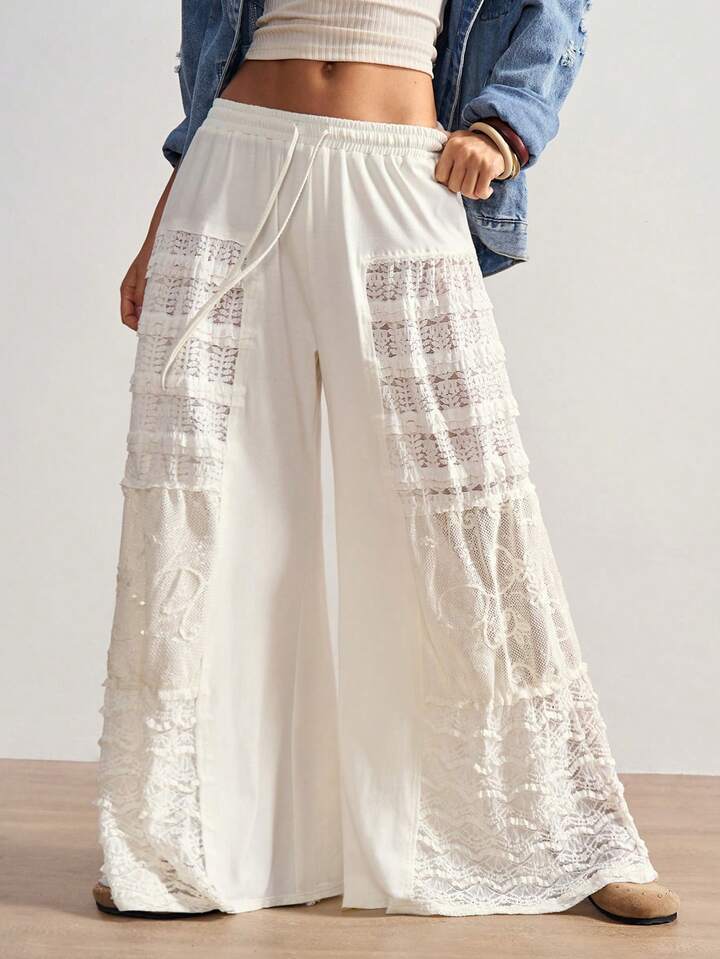 CM-BS740990 Women Trendy Bohemian Style Solid Color Knit Contrast Lace Wide Leg Pants - Apricot