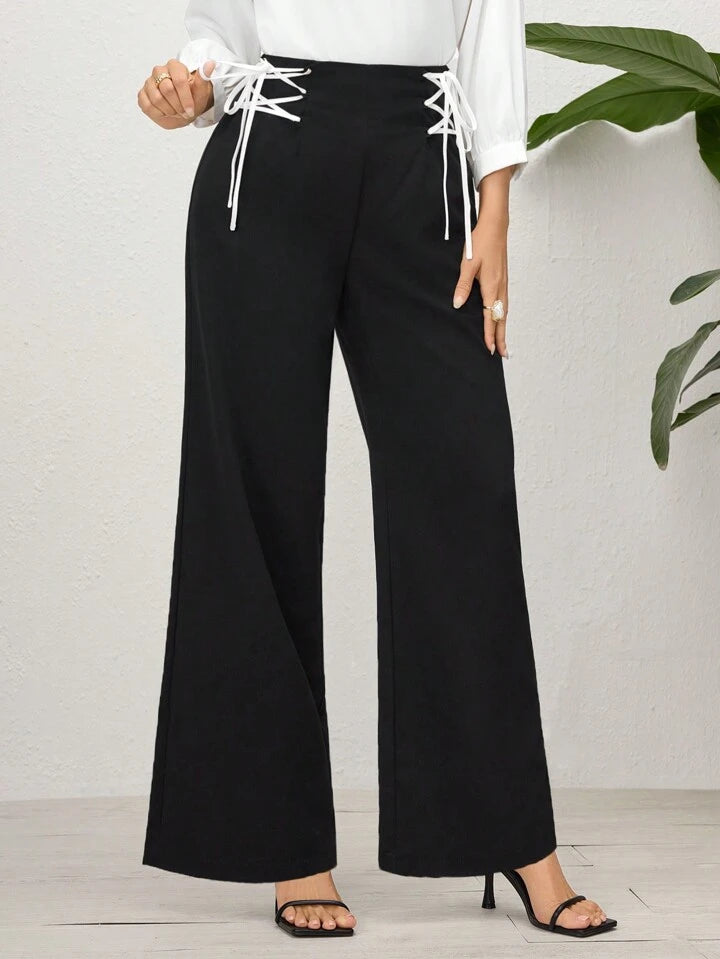 CM-BS517705 Women Casual Seoul Style Drawstring High-Waist Wide-Leg Pants - Black