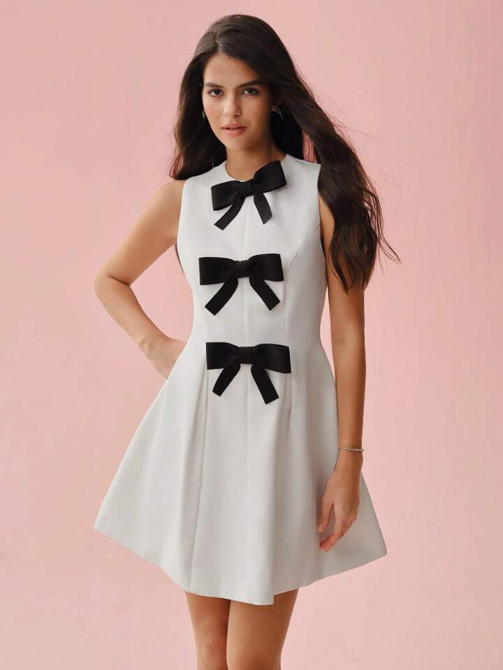 CM-DS583588 Women Elegant Seoul Style Round Neck Bow Decor Waist Cinched Sleeveless Mini Dress - White