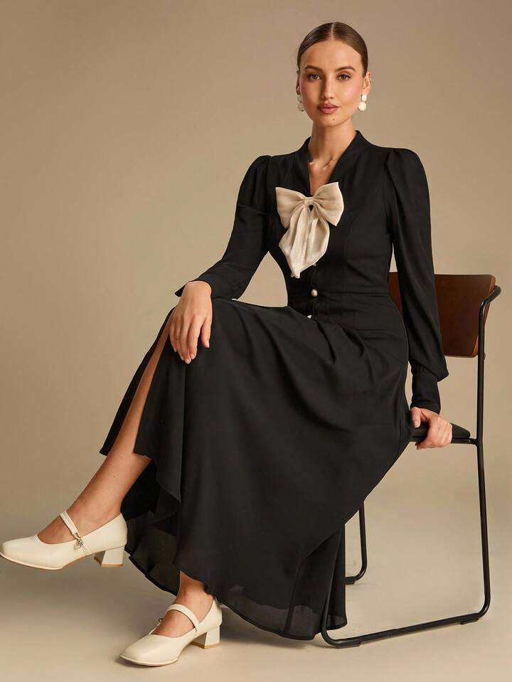 CM-DS166786 Women Elegant Seoul Style Bowknot Decor Tie Neck Long Sleeve Shirt Maxi Dress - Black
