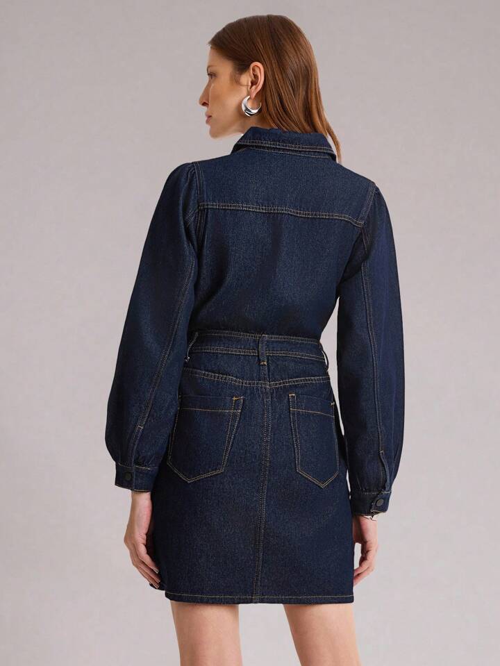 CM-DS437471 Women Casual Seoul Style Dark Wash Collar Neckline Long Sleeve Cinched Waist Denim Dress