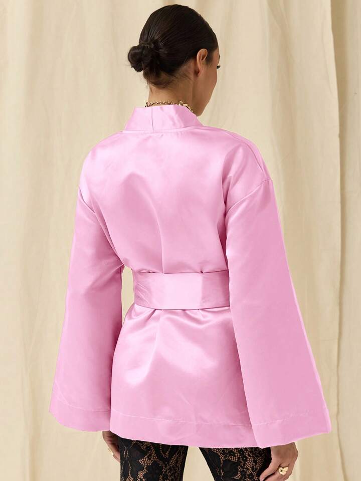 CM-DS784692 Women Elegant Seoul Style Solid Color Deep V-Neck Bell Sleeve Mini Dress - Pink