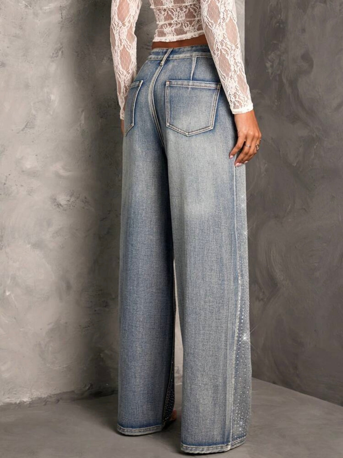 CM-BS422718 Women Elegant Seoul Style Rhinestone Embellished Straight Leg  Jeans - Blue