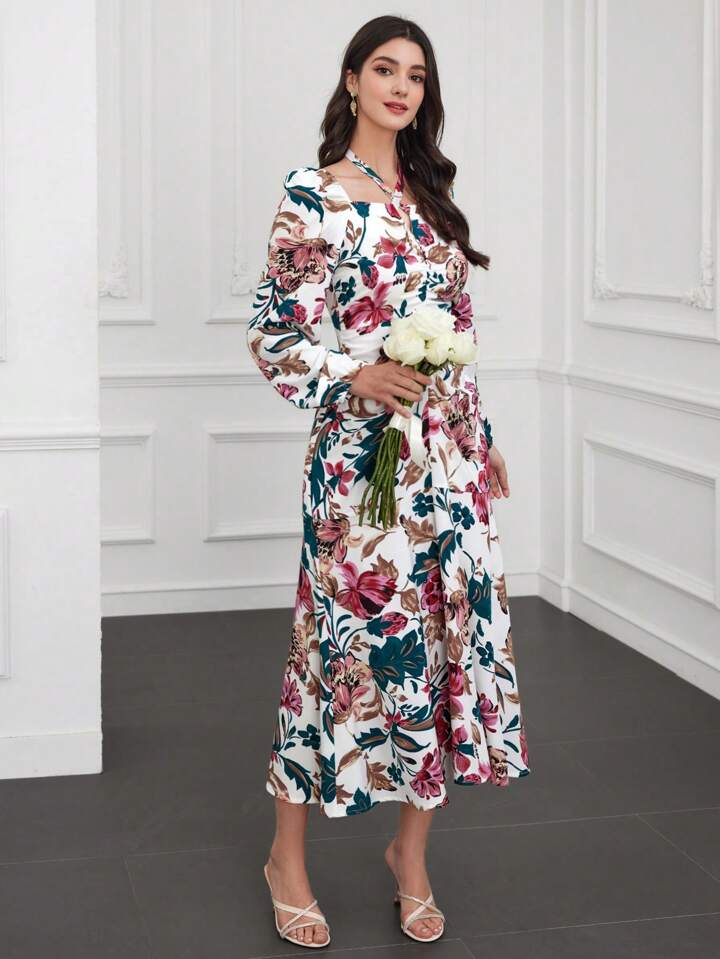 CM-DS944725 Women Casual Seoul Style Printed Halter Neck Long Sleeve Dress