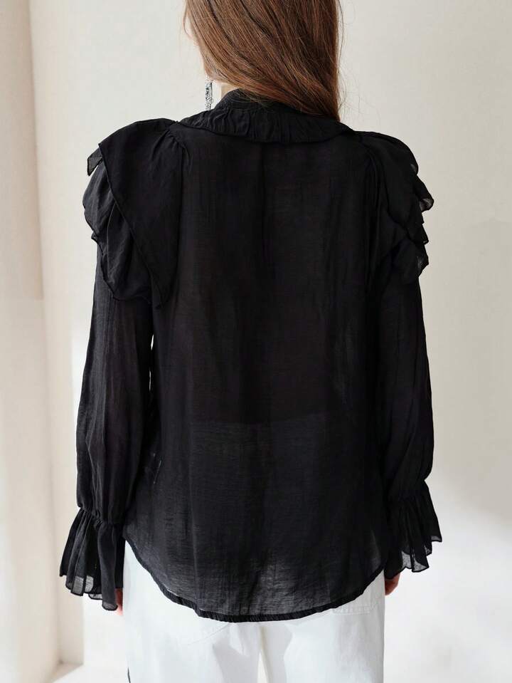 CM-TS054615 Women Elegant Seoul Style Multi-Layer Ruffle Trim Chiffon Flowy Asymmetrical Flounce Sleeve Blouse - Black