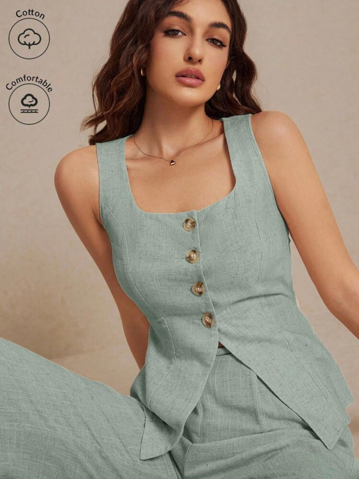 CM-SS607027 Women Casual Seoul Style Metal Button Embellishment Split Square Neck Sleeveless Vest With Pants - Set