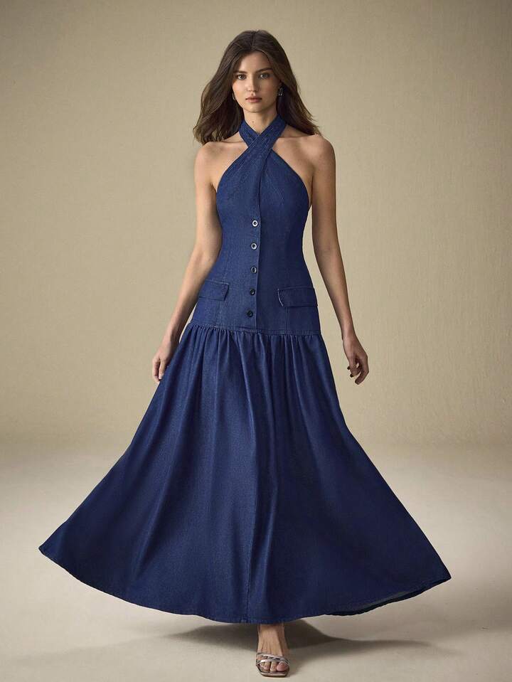 CM-DS379344 Women Elegant Seoul Style Halter Neckline Sleeveless Button Front Mid Waist Denim Dress - Blue