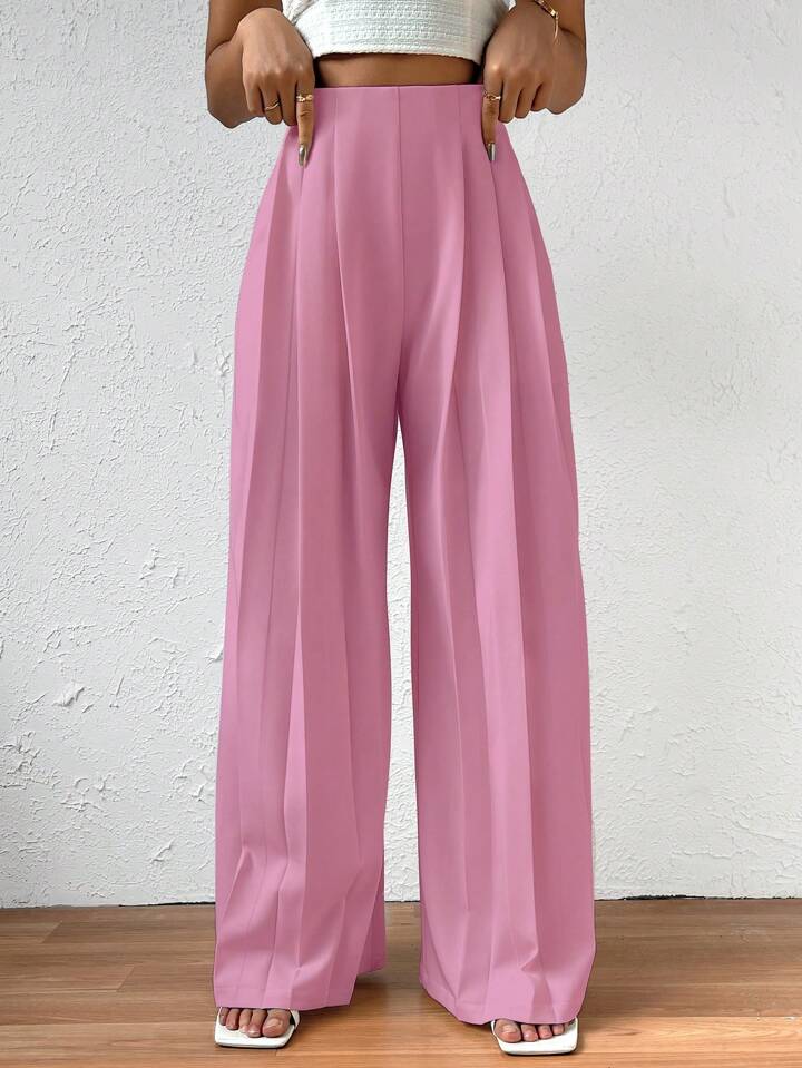 CM-BS903355 Women Casual Seoul Style Elastic Waist Pleated Wide Leg Pants - Pink