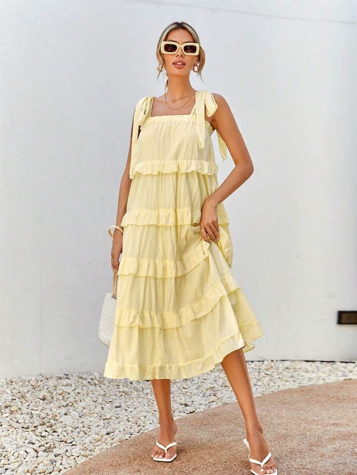 CM-DS642010 Women Trendy Bohemian Style Multilayered Frills Square Neck Sleeveless Dress - Yellow
