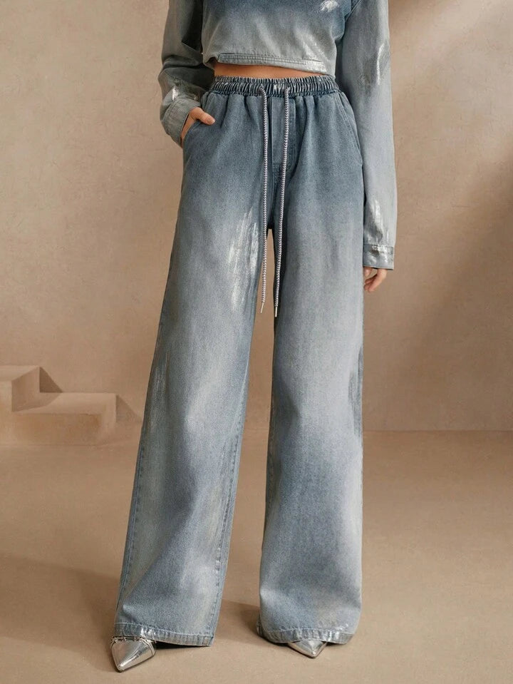 CM-BS188103 Women Casual Seoul Style Drawstring Waist Loose Fit Wide Leg Jeans - Blue