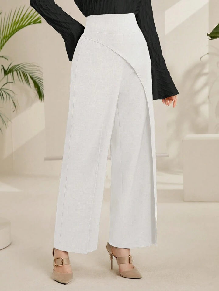 CM-BS156158 Women Casual Seoul Style Irregular Cut Solid Color Wide Leg Pants - White