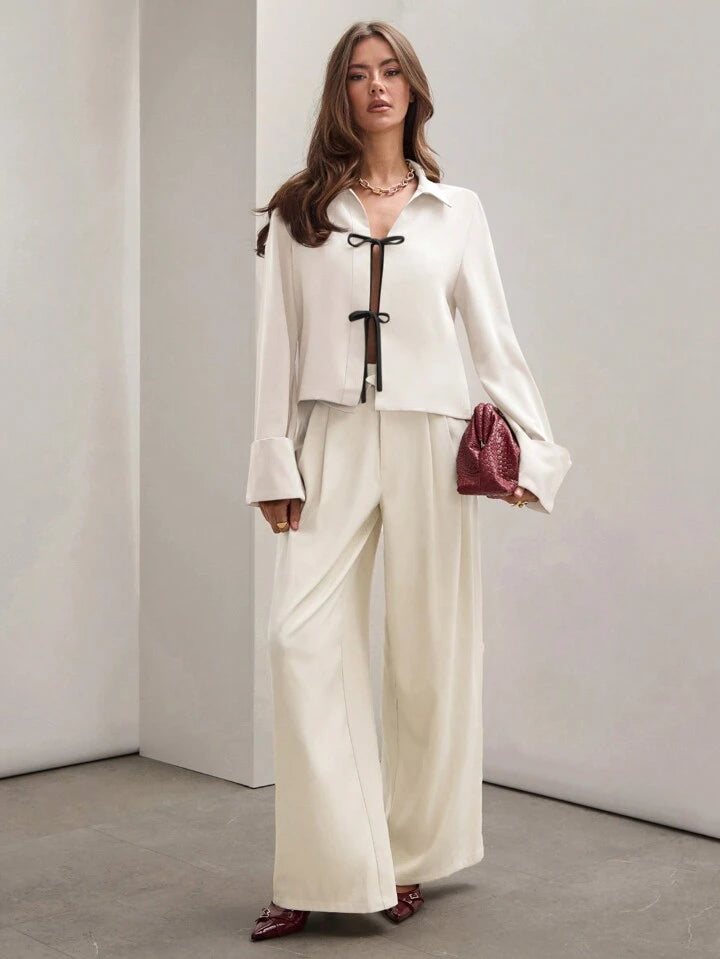 CM-TS523311 Women Trendy Bohemian Style Shirt Collar Front Tie Long Sleeve Shirt - Cream