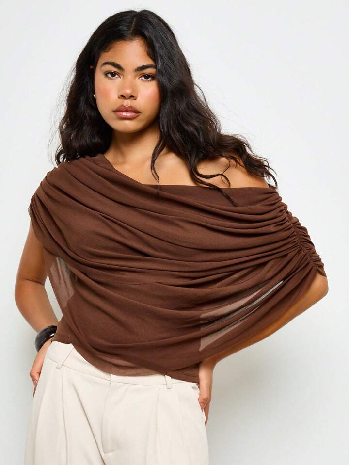 CM-TS305688 Women Elegant Seoul Style Off Shoulder Ruched Draped Long Sleeve Blouse - Brown