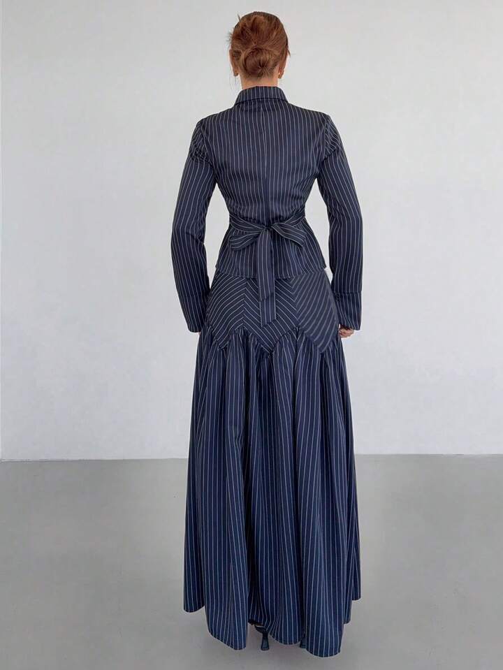 CM-SS688596 Women Elegant Seoul Style Striped Collar Neckline Long Sleeve Shirt With Pleated Maxi Skirt - Set