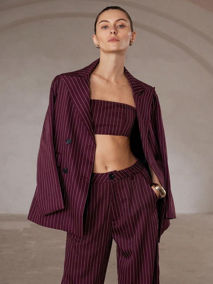 CM-SS233695 Women Elegant Seoul Stripe Print Double Button Long Sleeve Jacket And Pants Suit With Inner Cami - Set