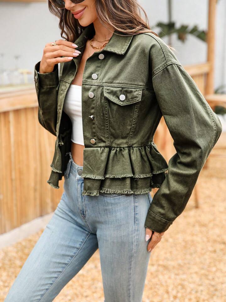 CM-CS397097 Women Casual Seoul Style Solid Color Frayed Edge Button Front Long Sleeve Denim Jacket