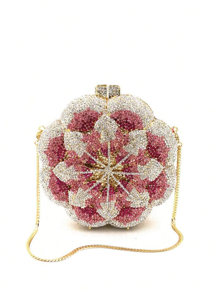 CM-BGS009642 Women Elegant Seoul Style Floral Design Rhinestone Crystal Handmade Clutch Bag - Pink