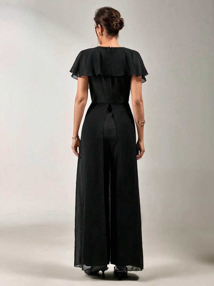 CM-JS857936 Women Elegant Seoul Style V-Neck Flounce Sleeve Ruffled Chiffon Jumpsuit - Black