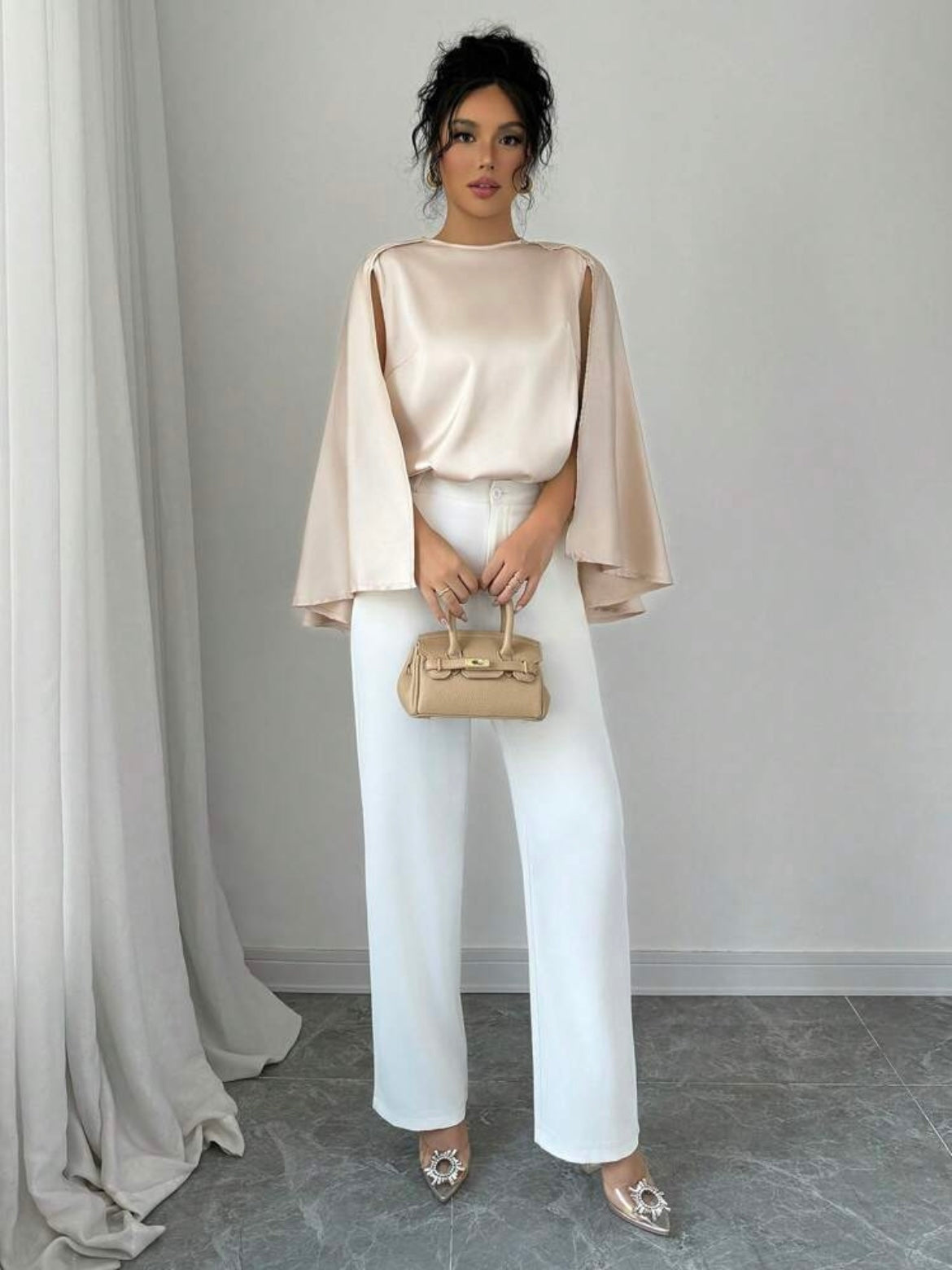 CM-TS517920 Women Casual Seoul Style Round Neck Elegant Cape Sleeve Long Sleeve Blouse - Apricot