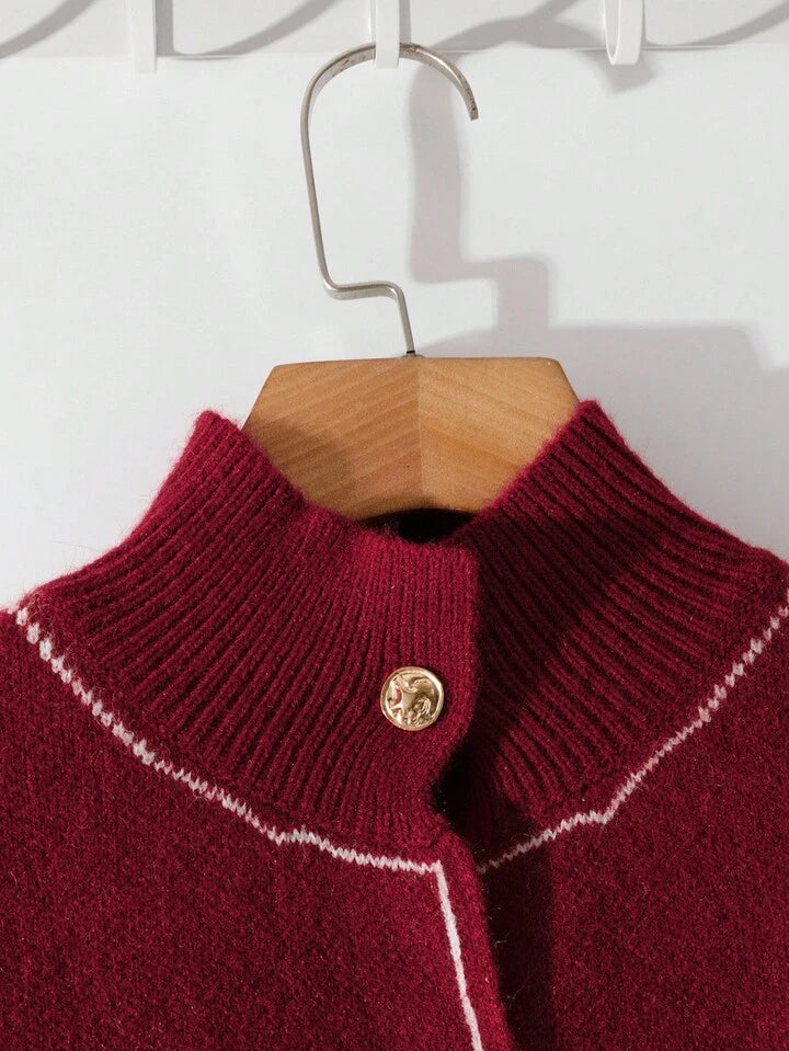 CM-CS455165 Women Elegant Seoul Style Stand Collar Button-Up Long Sleeve Ruffle Hem Cardigan - Burgundy