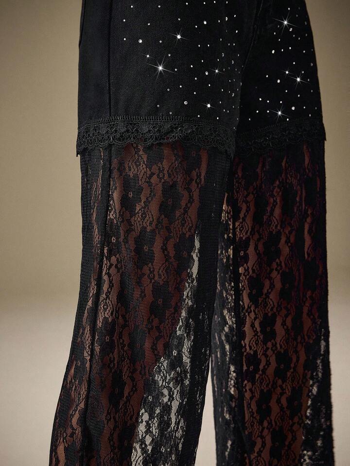 CM-BS245569 Women Elegant Seoul Style Lace Patchwork Rhinestone Embellished Straight-Leg Denim Jeans - Black
