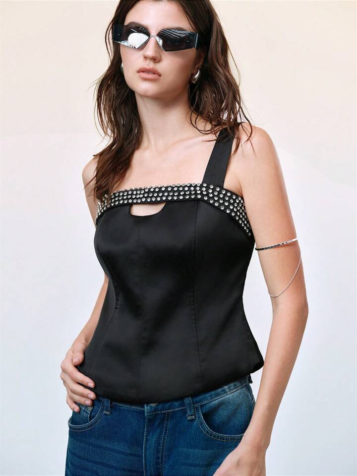 CM-TS169119 Women Casual Seoul Style Straps Sleeveless Hollow Rhinestone Decor Satin Tank Top - Black
