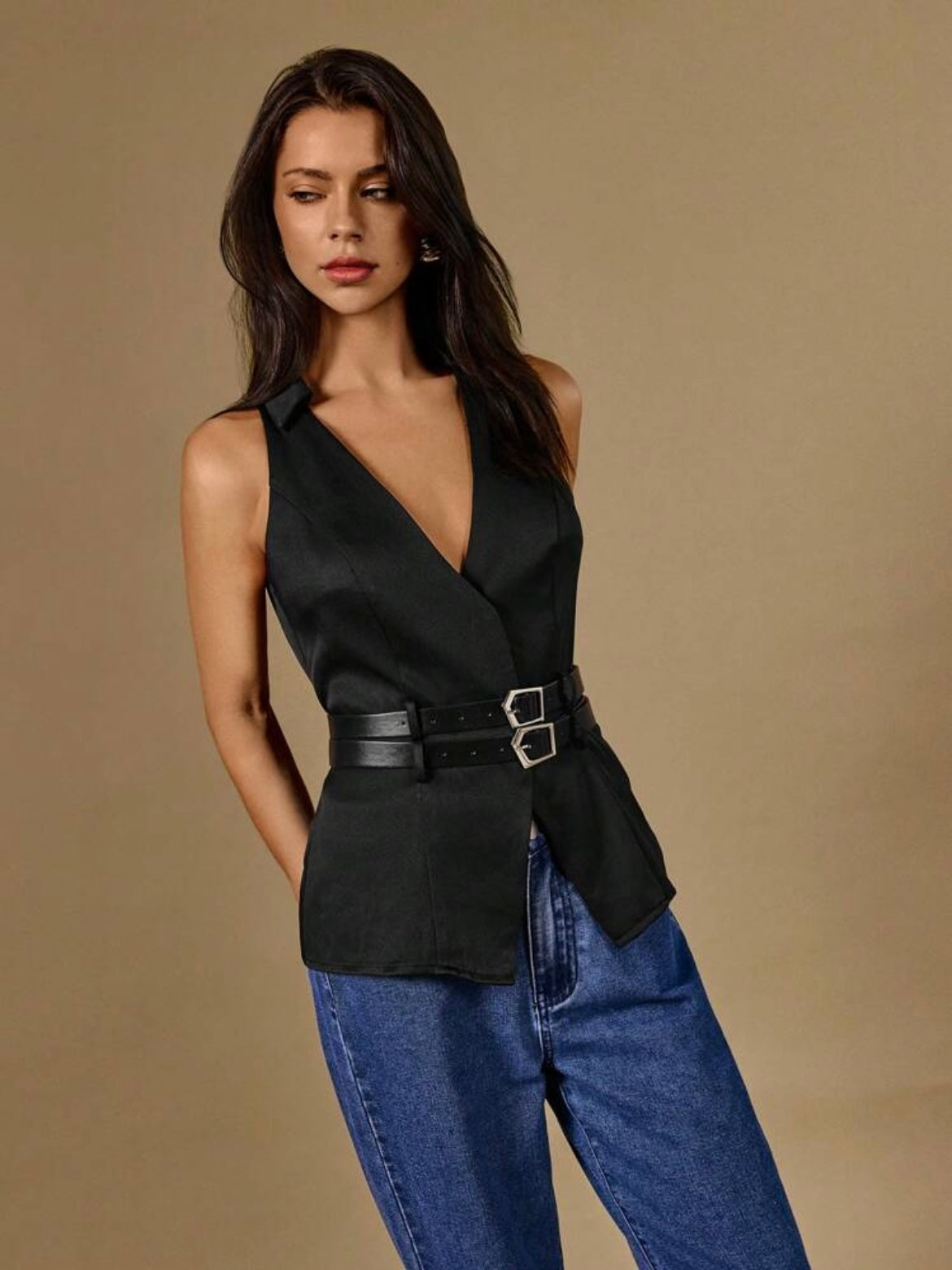 CM-TS204035 Women Casual Seoul Style Solid Color V-Neck Belted Sleeveless Blouse - Black