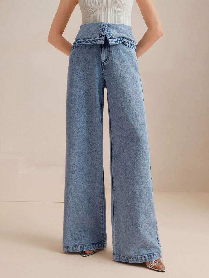 CM-BS088881 Women Casual Seoul Style High Waist Sophisticated Pleated Wide Leg Jeans - Blue