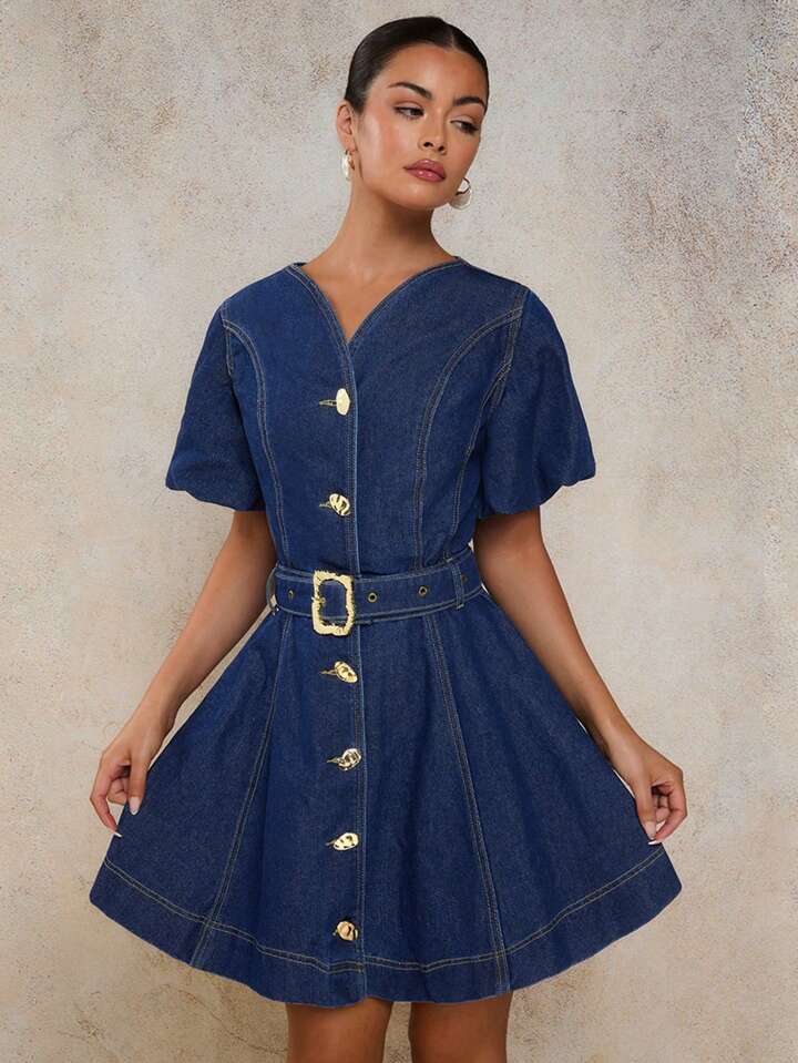 CM-DS515811 Women Casual Seoul Style V-Neck Puff Sleeve Ruched Waist A-Line Denim Dress - Blue