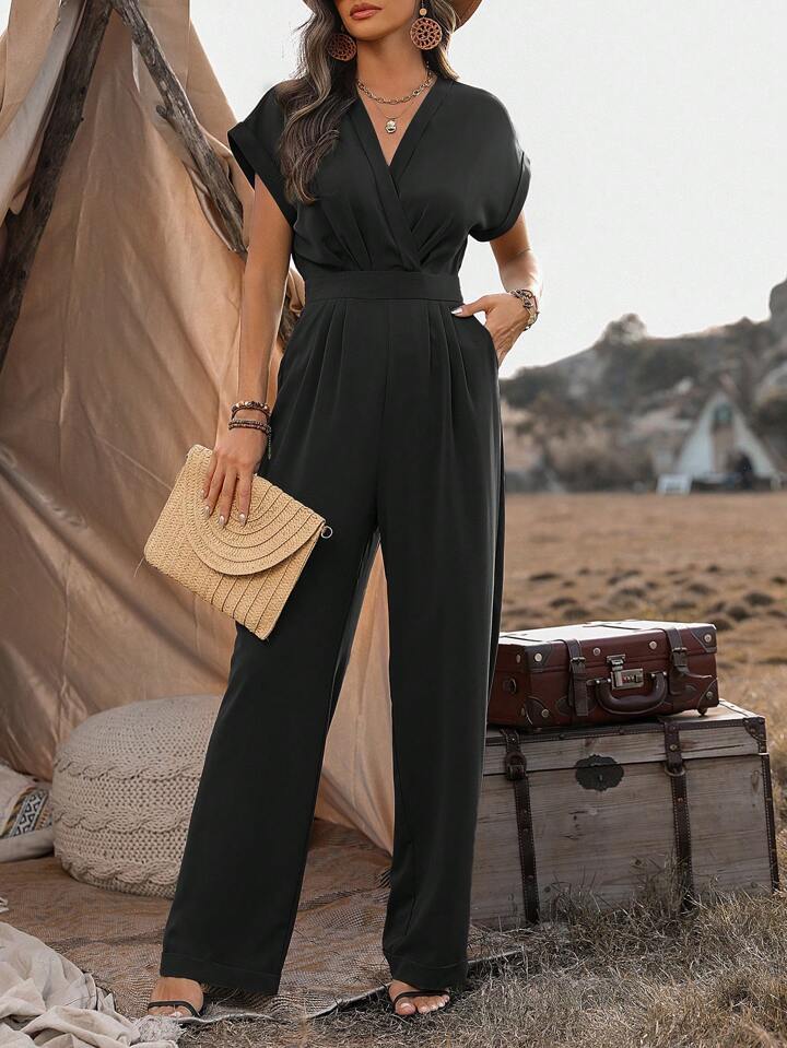 CM-JS598104 Women Trendy Bohemian Style V-Neck Batwing Sleeve Tie Waist Wrap Jumpsuit - Black