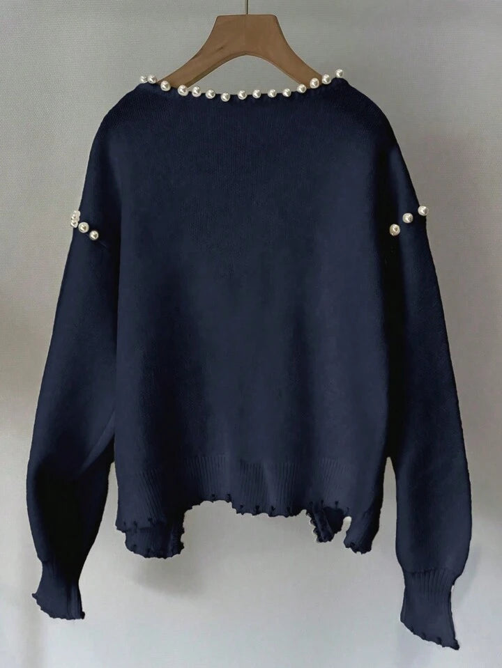 CM-CS610077 Women Casual Seoul Style Pearl Trim Distressed Hem Long Sleeve Knit Sweater - Blue