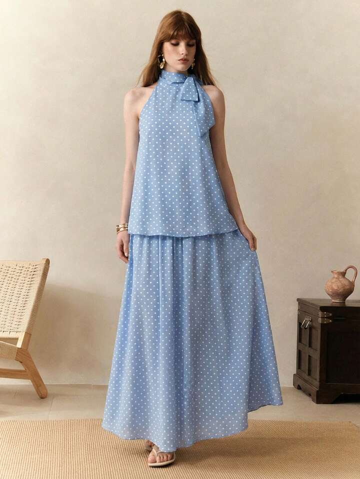 CM-SS109547 Women Trendy Bohemian Style Chiffon Polka Dot Print Sleeveless Halter Neck Top With Skirt - Set