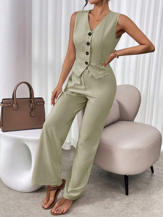 CM-SS881449 Women Casual Seoul Style V-Neck Sleeveless Single Breasted Suit Vest With Long Pants - Green