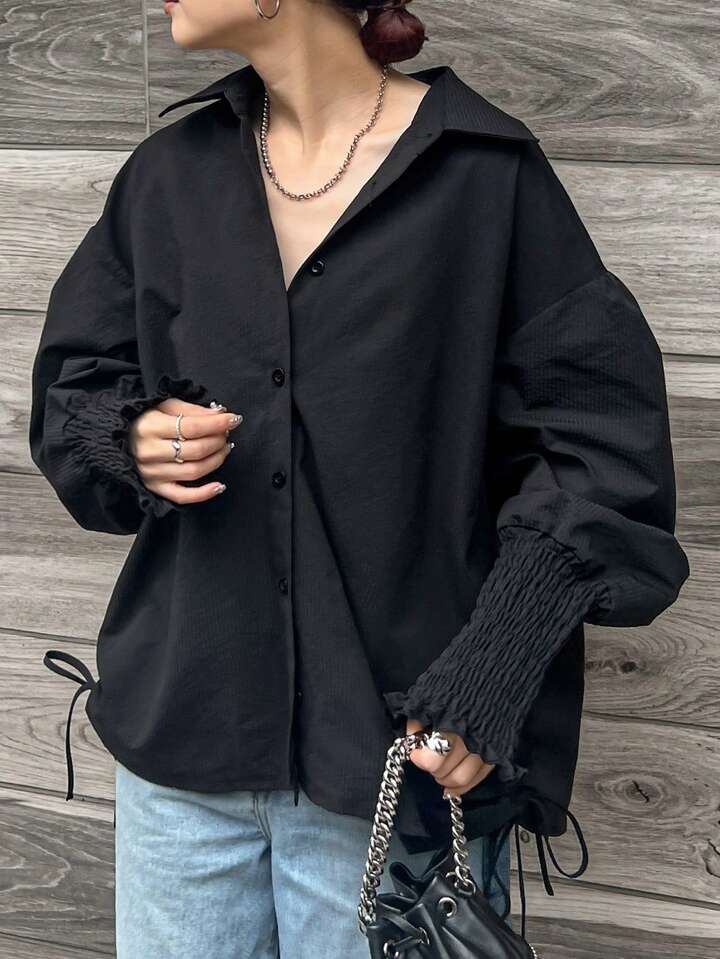CM-TS551571 Women Casual Seoul Style Drop Shoulder Long Sleeve Single Breasted Shirt - Black