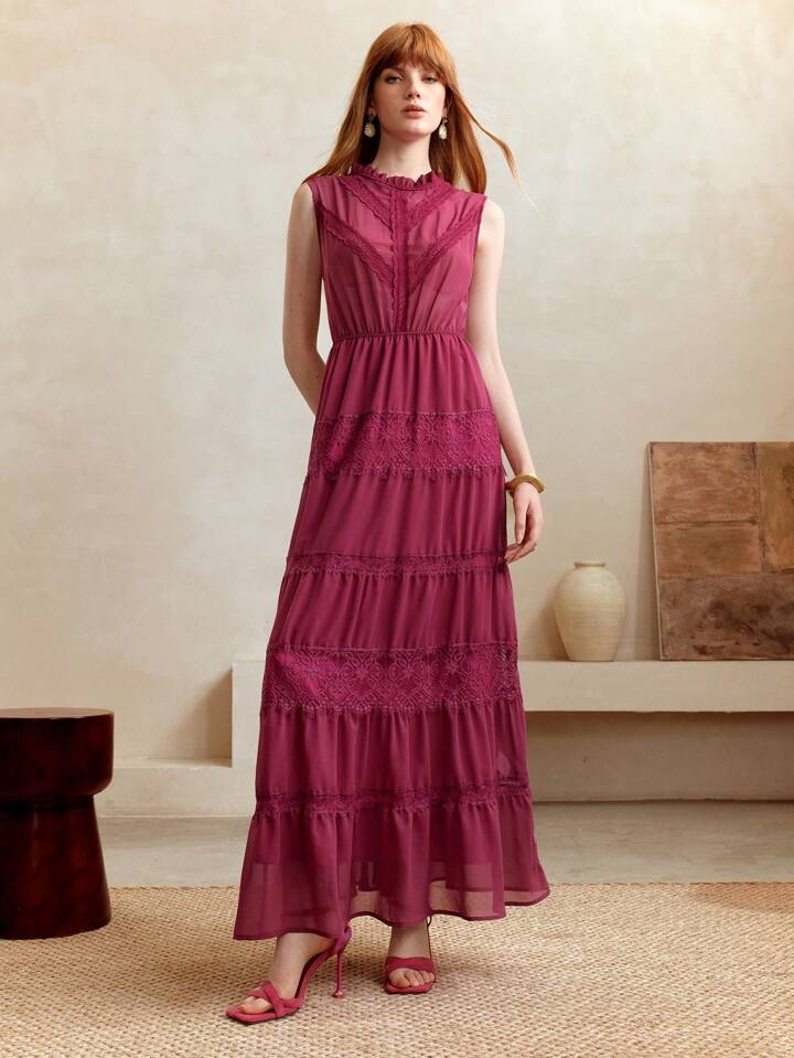CM-DS601449 Women Trendy Bohemian Style Solid Color Patchwork Stand Collar Sleeveless Dress - Red Violet
