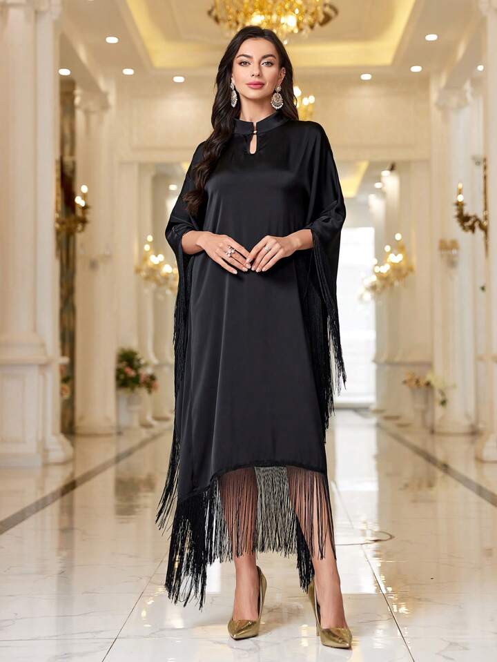 CM-DS970154 Women Elegant Seoul Style Keyhole Neckline Tassel Decor Loose Fit Dress - Black