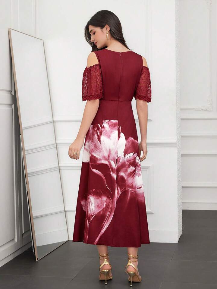 CM-DS943716 Women Elegant Seoul Style Asymmetrical Neck Floral Printed Off-Shoulder A-Line Dress