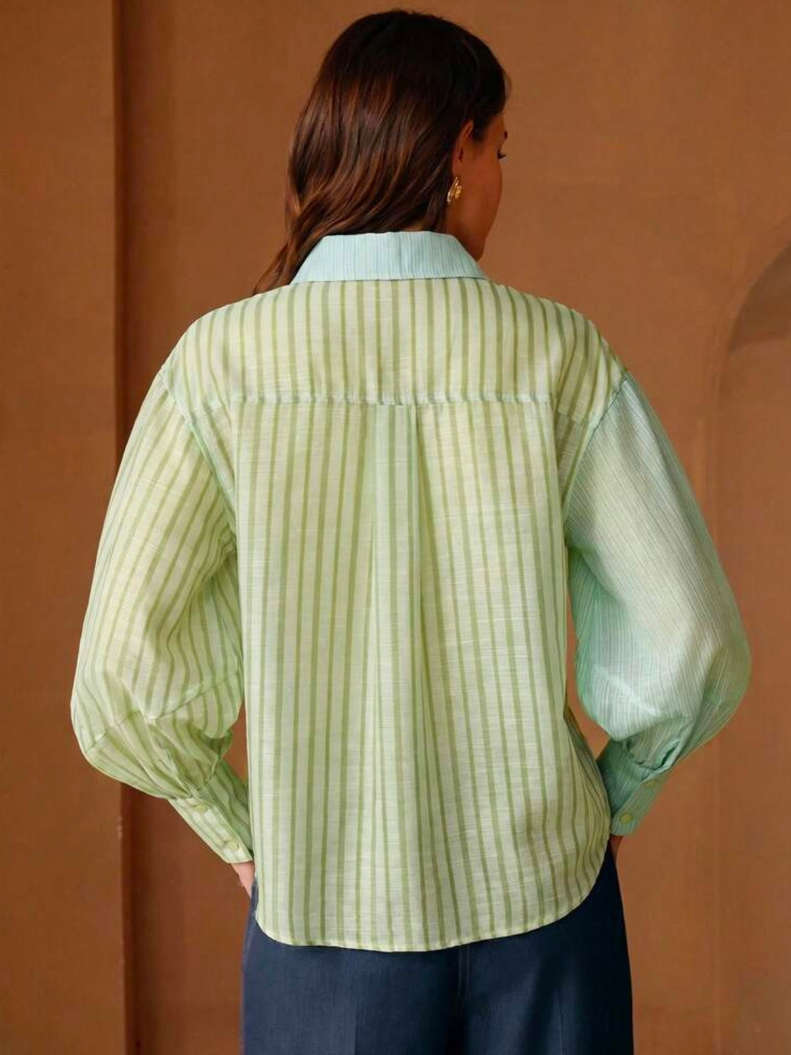 CM-TS613303 Women Elegant Seoul Style Asymmetrical Patchwork Polo Collar Lantern Sleeve Striped Shirt
