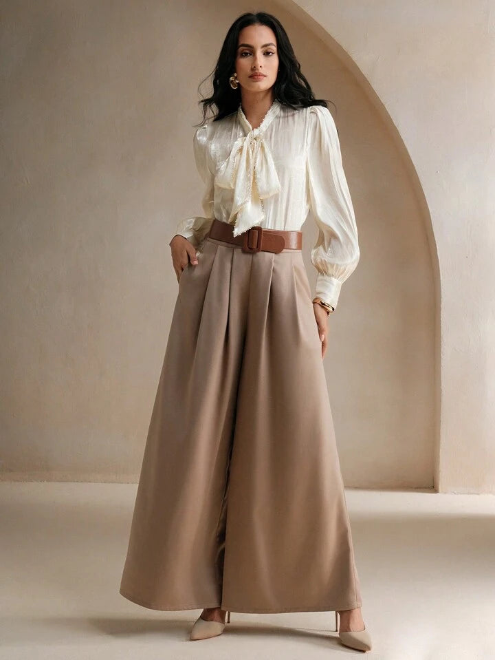 CM-TS379258 Women Elegant Seoul Style Tie Neck Pearl Knot Loose Long Sleeve Blouse - Apricot