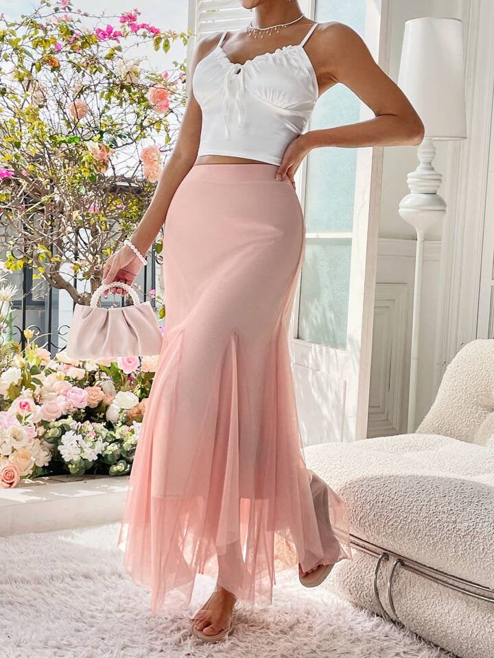 CM-BS286910 Women Elegant Seoul Style Mesh Mermaid Hem Long Skirt - Pink