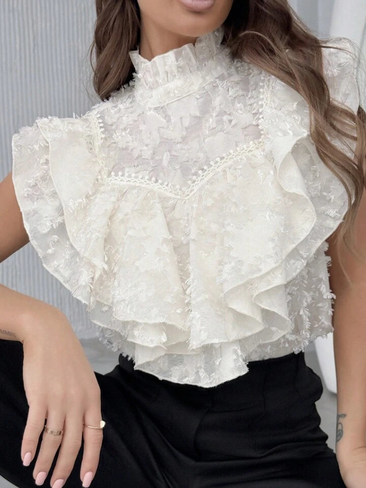 CM-TS266662 Women Casual Seoul Style Floral Layered Ruffled Cut Out Sleeveless Blouse - Beige