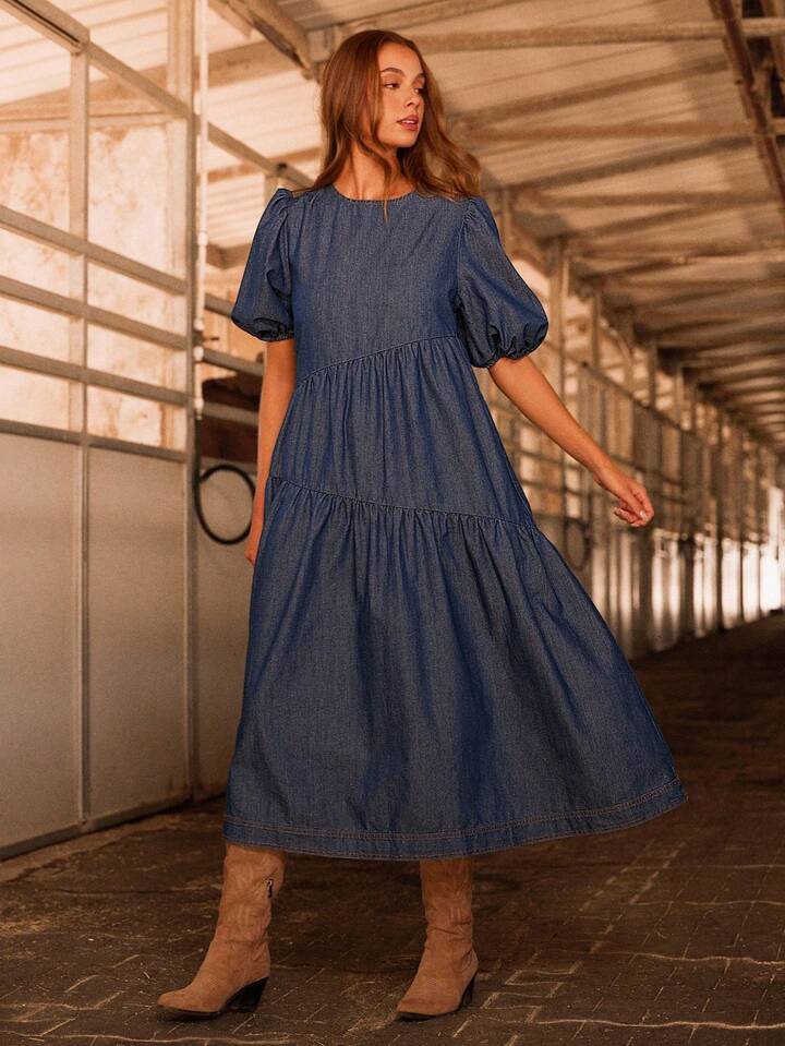 CM-DS516866 Women Trendy Bohemian Style Medium Wash Round Neck Puff Sleeve Asymmetrical Tiered Denim Midi Dress